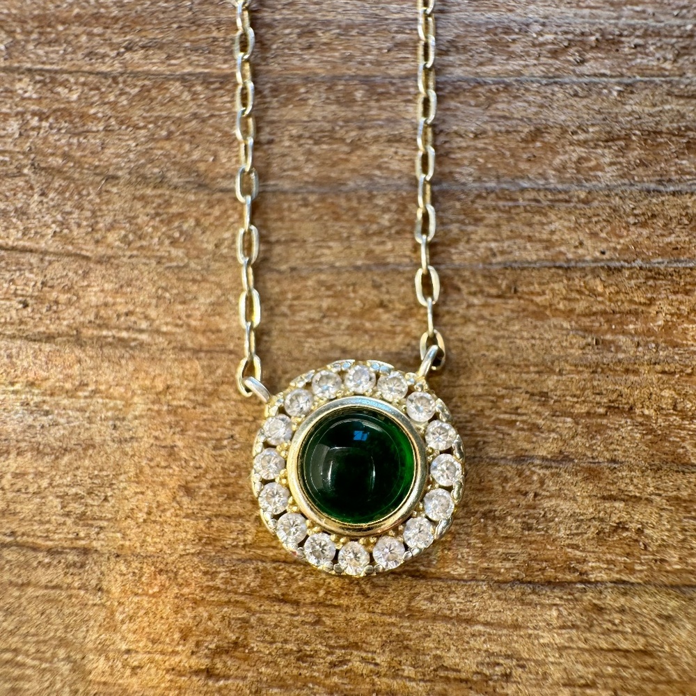 Dainty Sterling Silver 925 + Gold Toned Necklace, Green Stone with CZ Accents